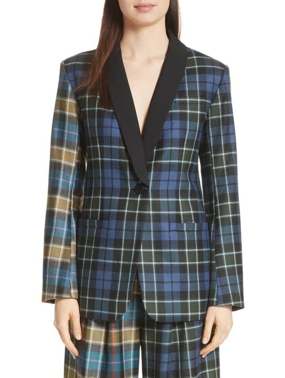 Tibi Mixed Plaid Shawl Collar Tuxedo Blazer Size S